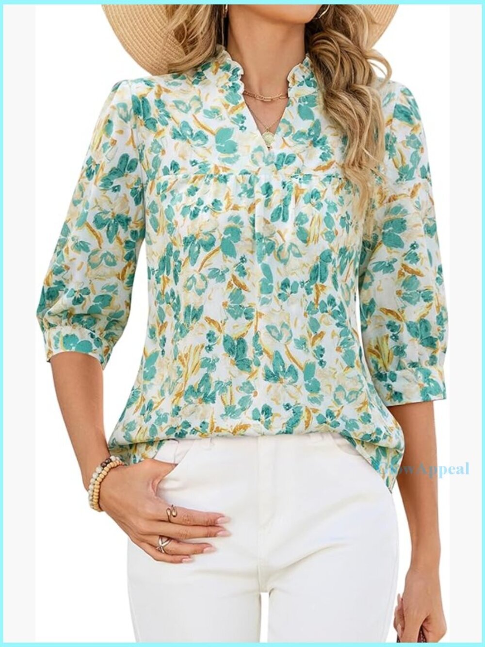 Floral V-Neck Blouse with Puff Sleeves, Lightweight Polyester Blend